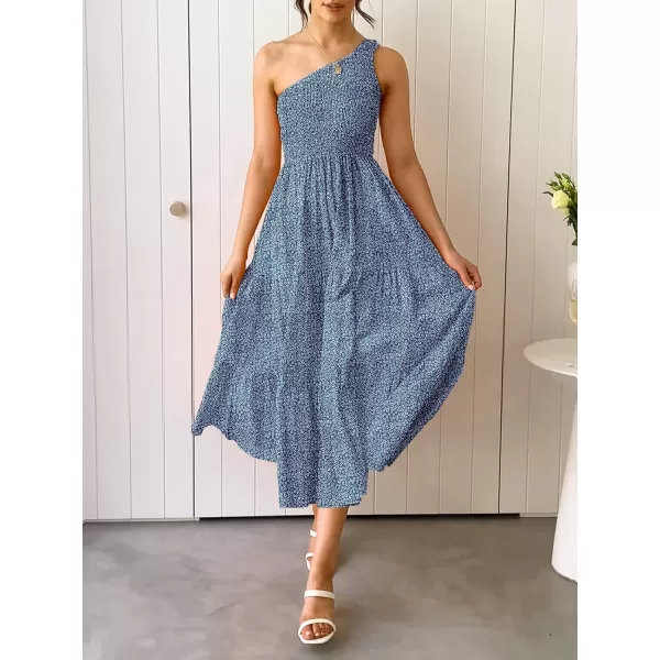 imageZESICA Womens 2024 Bohemian Summer Floral Print One Shoulder Sleeveless Smocked Ruffle Tiered Beach Long Midi DressDustyblue