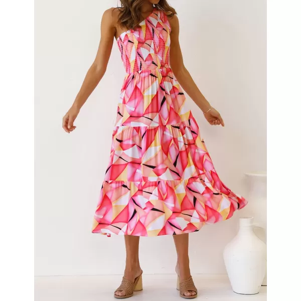imageZESICA Womens 2024 Bohemian Summer Floral Print One Shoulder Sleeveless Smocked Ruffle Tiered Beach Long Midi DressGeometricpink