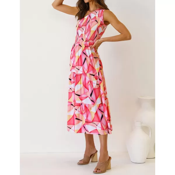 imageZESICA Womens 2024 Bohemian Summer Floral Print One Shoulder Sleeveless Smocked Ruffle Tiered Beach Long Midi DressGeometricpink