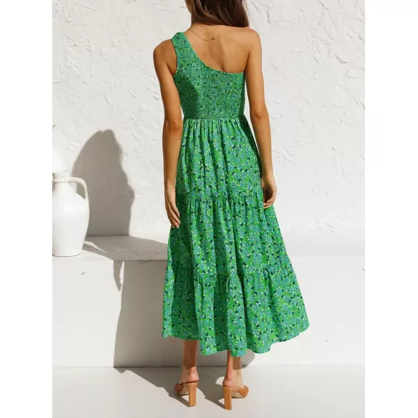 imageZESICA Womens 2024 Bohemian Summer Floral Print One Shoulder Sleeveless Smocked Ruffle Tiered Beach Long Midi DressGrassgreen