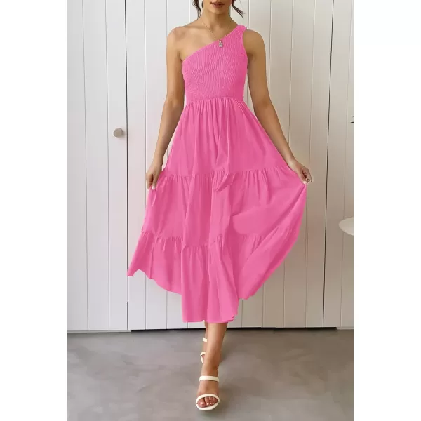 imageZESICA Womens 2024 Bohemian Summer Floral Print One Shoulder Sleeveless Smocked Ruffle Tiered Beach Long Midi DressHotpink