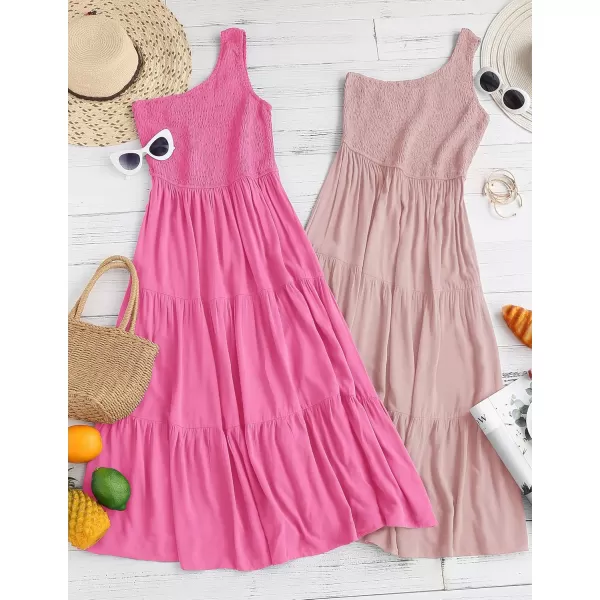 imageZESICA Womens 2024 Bohemian Summer Floral Print One Shoulder Sleeveless Smocked Ruffle Tiered Beach Long Midi DressHotpink