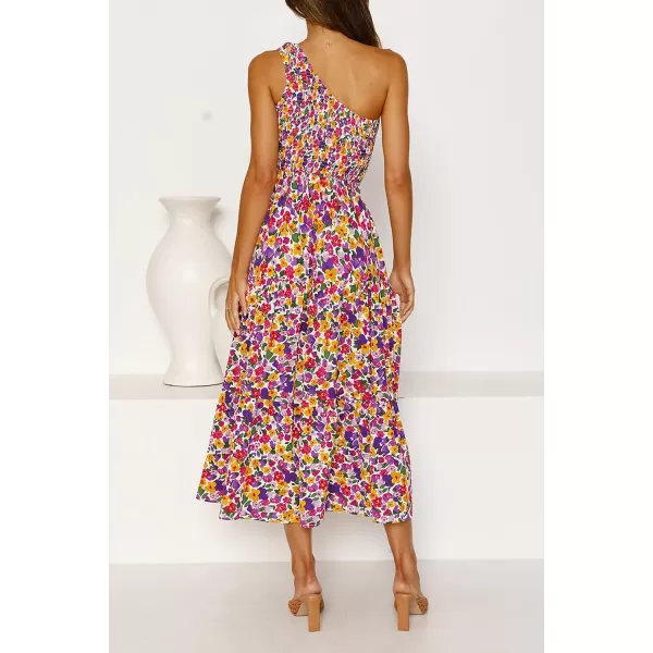 imageZESICA Womens 2024 Bohemian Summer Floral Print One Shoulder Sleeveless Smocked Ruffle Tiered Beach Long Midi DressPurple