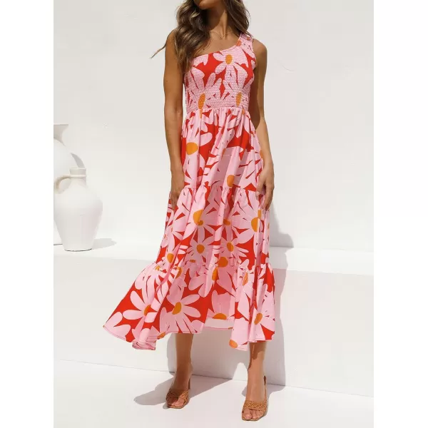 imageZESICA Womens 2024 Bohemian Summer Floral Print One Shoulder Sleeveless Smocked Ruffle Tiered Beach Long Midi DressRed