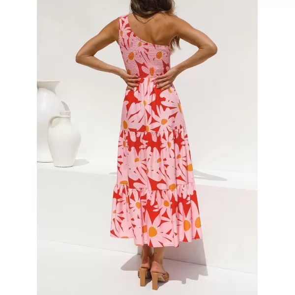 imageZESICA Womens 2024 Bohemian Summer Floral Print One Shoulder Sleeveless Smocked Ruffle Tiered Beach Long Midi DressRed