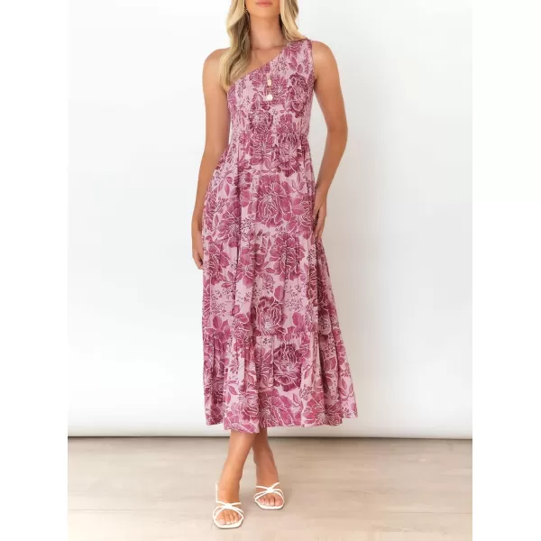 imageZESICA Womens 2024 Bohemian Summer Floral Print One Shoulder Sleeveless Smocked Ruffle Tiered Beach Long Midi DressRosepink