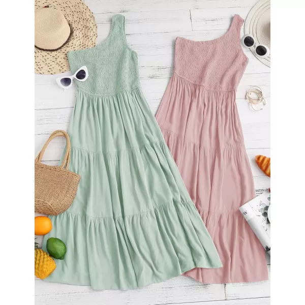 imageZESICA Womens 2024 Bohemian Summer Floral Print One Shoulder Sleeveless Smocked Ruffle Tiered Beach Long Midi DressSage