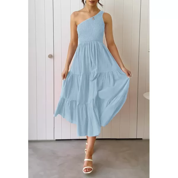 imageZESICA Womens 2024 Bohemian Summer Floral Print One Shoulder Sleeveless Smocked Ruffle Tiered Beach Long Midi DressSkyblue