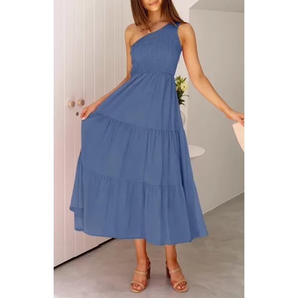 imageZESICA Womens 2024 Bohemian Summer Floral Print One Shoulder Sleeveless Smocked Ruffle Tiered Beach Long Midi DressSoliddarkblue