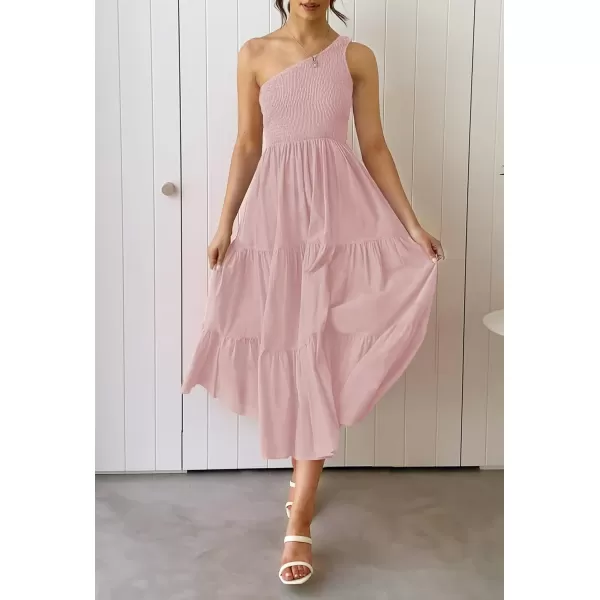imageZESICA Womens 2024 Bohemian Summer Floral Print One Shoulder Sleeveless Smocked Ruffle Tiered Beach Long Midi DressSolidpink