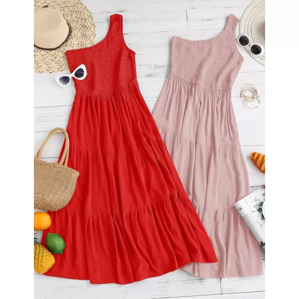 imageZESICA Womens 2024 Bohemian Summer Floral Print One Shoulder Sleeveless Smocked Ruffle Tiered Beach Long Midi DressSolidpink