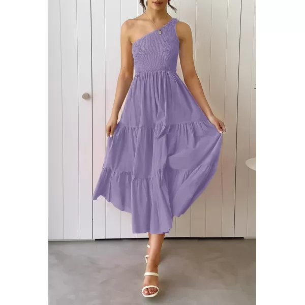 imageZESICA Womens 2024 Bohemian Summer Floral Print One Shoulder Sleeveless Smocked Ruffle Tiered Beach Long Midi DressSolidpurple