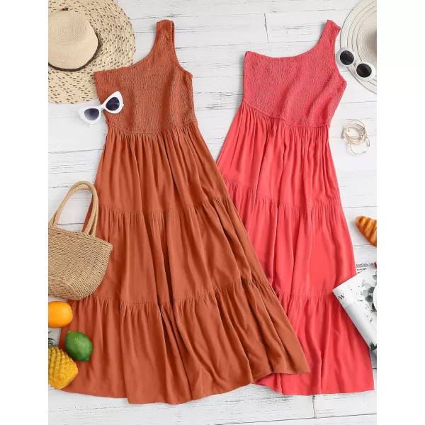 imageZESICA Womens 2024 Bohemian Summer Floral Print One Shoulder Sleeveless Smocked Ruffle Tiered Beach Long Midi DressSolidrust