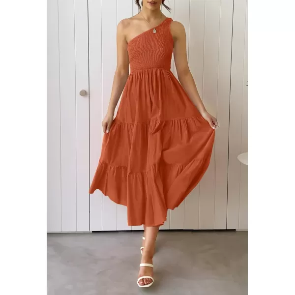 imageZESICA Womens 2024 Bohemian Summer Floral Print One Shoulder Sleeveless Smocked Ruffle Tiered Beach Long Midi DressSolidrust