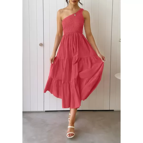 imageZESICA Womens 2024 Bohemian Summer Floral Print One Shoulder Sleeveless Smocked Ruffle Tiered Beach Long Midi DressSolidwatermelon
