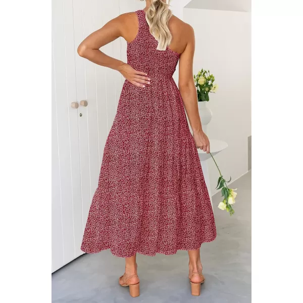 imageZESICA Womens 2024 Bohemian Summer Floral Print One Shoulder Sleeveless Smocked Ruffle Tiered Beach Long Midi DressUrbanred