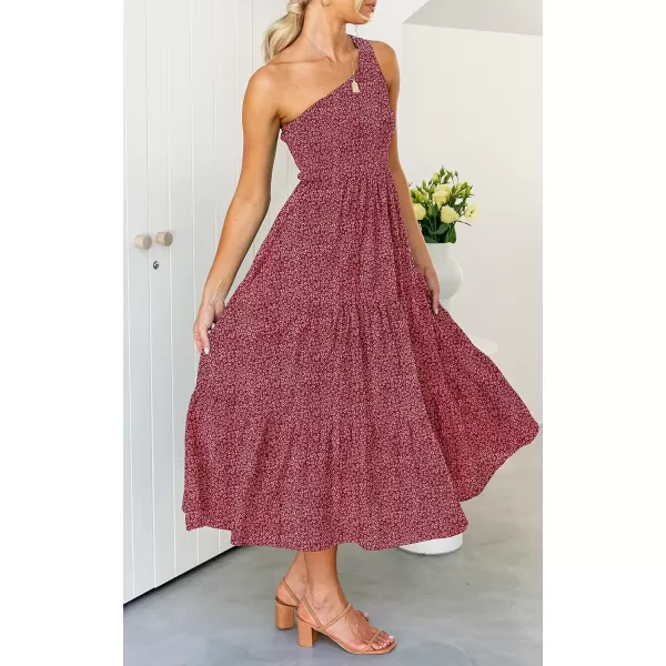 imageZESICA Womens 2024 Bohemian Summer Floral Print One Shoulder Sleeveless Smocked Ruffle Tiered Beach Long Midi DressUrbanred