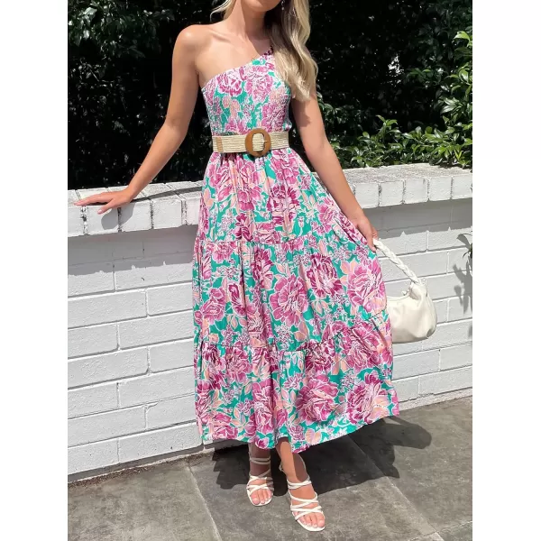 imageZESICA Womens 2024 Bohemian Summer Floral Print One Shoulder Sleeveless Smocked Ruffle Tiered Beach Long Midi DressViolet