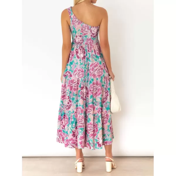 imageZESICA Womens 2024 Bohemian Summer Floral Print One Shoulder Sleeveless Smocked Ruffle Tiered Beach Long Midi DressViolet