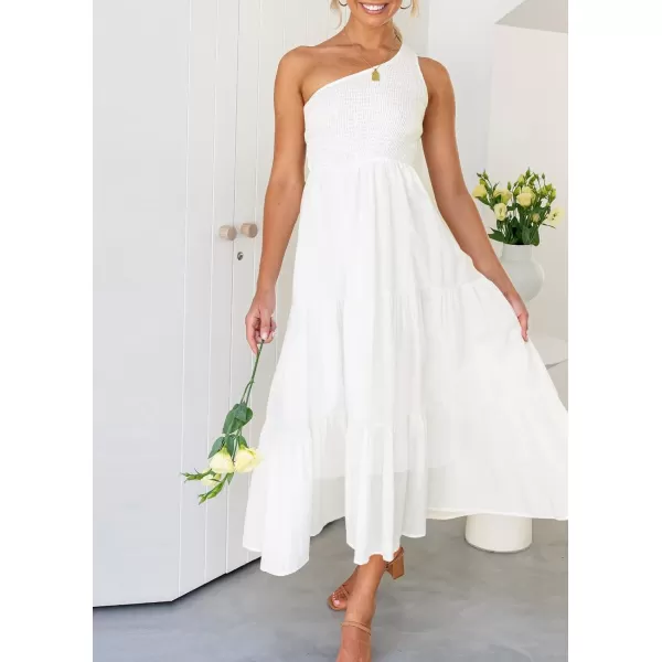 imageZESICA Womens 2024 Bohemian Summer Floral Print One Shoulder Sleeveless Smocked Ruffle Tiered Beach Long Midi DressWhite