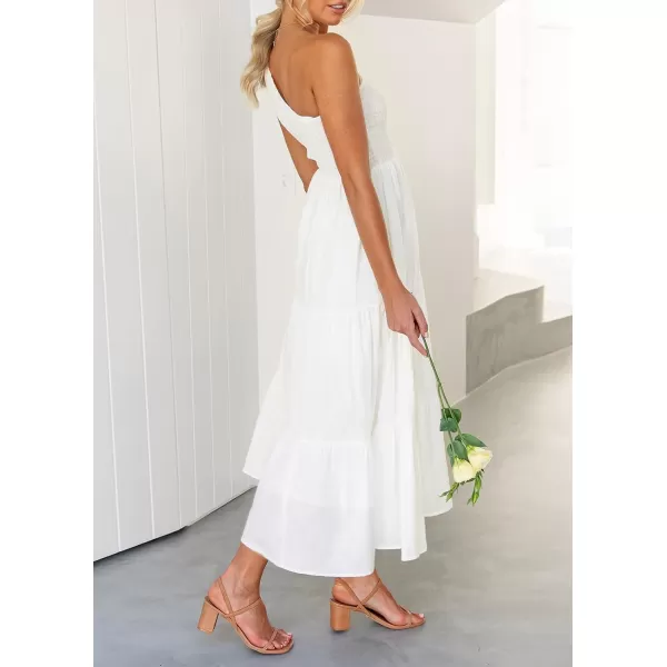 imageZESICA Womens 2024 Bohemian Summer Floral Print One Shoulder Sleeveless Smocked Ruffle Tiered Beach Long Midi DressWhite