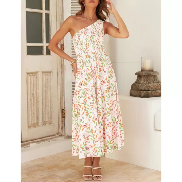 imageZESICA Womens 2024 Bohemian Summer Floral Print One Shoulder Sleeveless Smocked Ruffle Tiered Beach Long Midi DressWhitepink