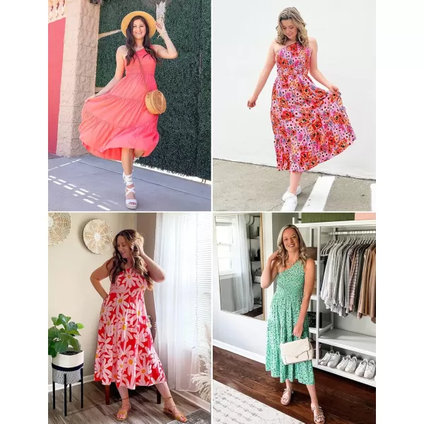 imageZESICA Womens 2024 Bohemian Summer Floral Print One Shoulder Sleeveless Smocked Ruffle Tiered Beach Long Midi DressWhitepink