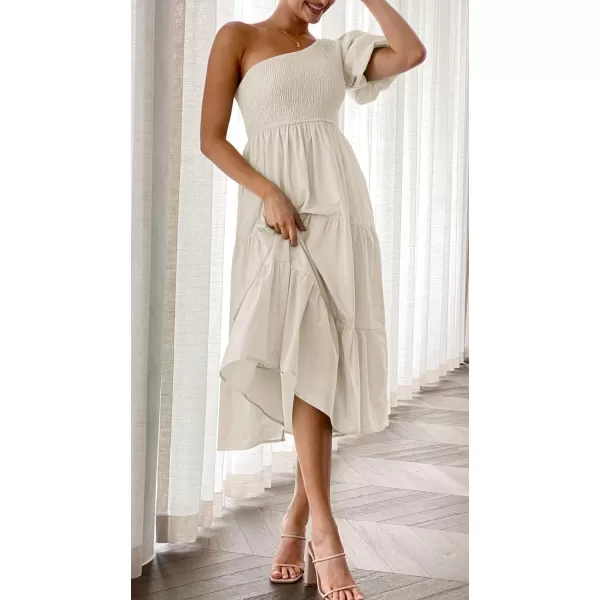 imageZESICA Womens 2024 Boho Summer One Shoulder Short Sleeve Smocked Side Split Ruffle Swing Midi DressApricot