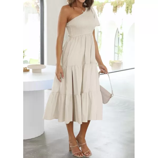 imageZESICA Womens 2024 Boho Summer One Shoulder Short Sleeve Smocked Side Split Ruffle Swing Midi DressApricot