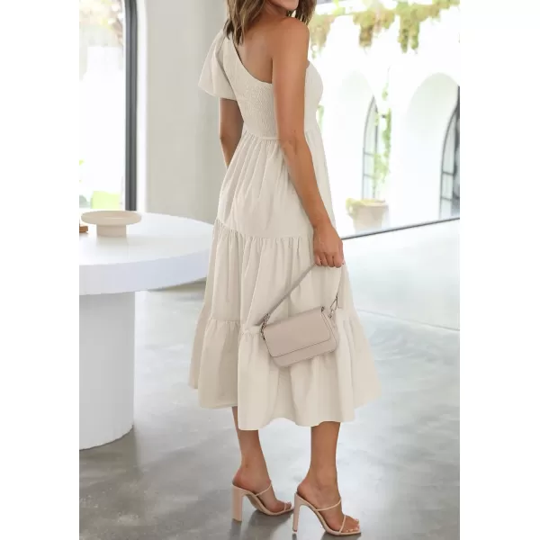 imageZESICA Womens 2024 Boho Summer One Shoulder Short Sleeve Smocked Side Split Ruffle Swing Midi DressApricot