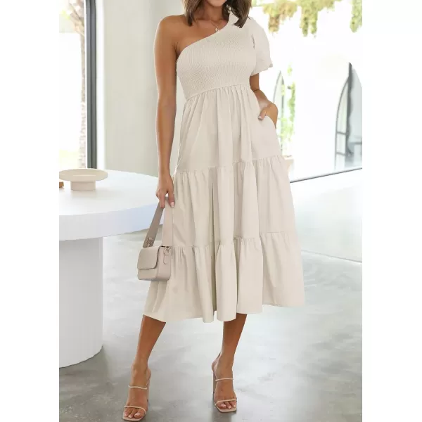 imageZESICA Womens 2024 Boho Summer One Shoulder Short Sleeve Smocked Side Split Ruffle Swing Midi DressApricot