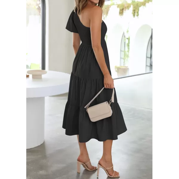 imageZESICA Womens 2024 Boho Summer One Shoulder Short Sleeve Smocked Side Split Ruffle Swing Midi DressBlack