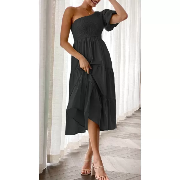 imageZESICA Womens 2024 Boho Summer One Shoulder Short Sleeve Smocked Side Split Ruffle Swing Midi DressBlack