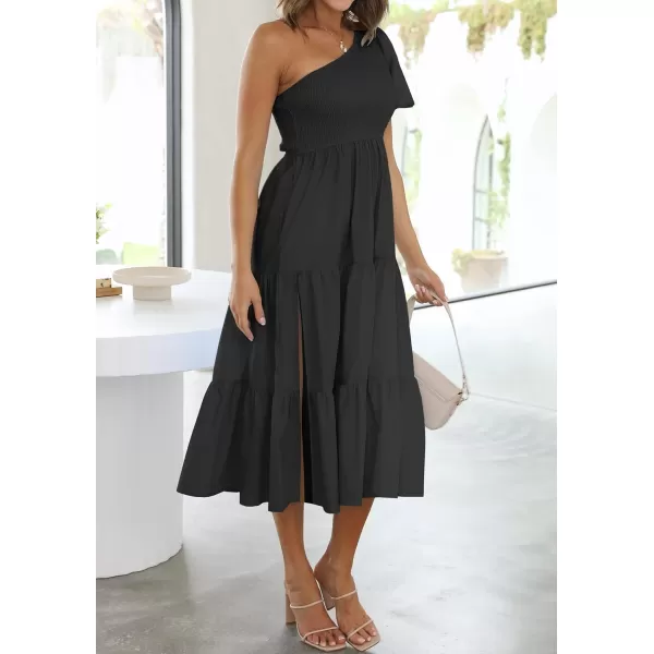 imageZESICA Womens 2024 Boho Summer One Shoulder Short Sleeve Smocked Side Split Ruffle Swing Midi DressBlack