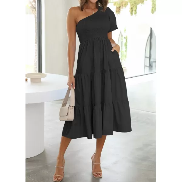 imageZESICA Womens 2024 Boho Summer One Shoulder Short Sleeve Smocked Side Split Ruffle Swing Midi DressBlack