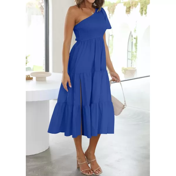 imageZESICA Womens 2024 Boho Summer One Shoulder Short Sleeve Smocked Side Split Ruffle Swing Midi DressBlue