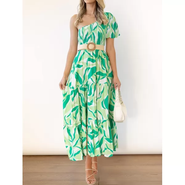 imageZESICA Womens 2024 Boho Summer One Shoulder Short Sleeve Smocked Side Split Ruffle Swing Midi DressBright Green