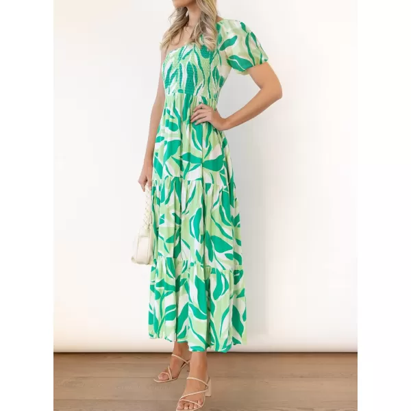 imageZESICA Womens 2024 Boho Summer One Shoulder Short Sleeve Smocked Side Split Ruffle Swing Midi DressBright Green
