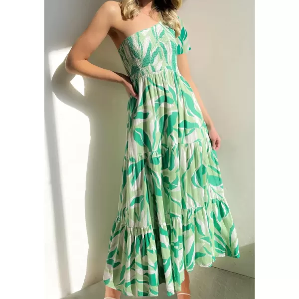 imageZESICA Womens 2024 Boho Summer One Shoulder Short Sleeve Smocked Side Split Ruffle Swing Midi DressBright Green