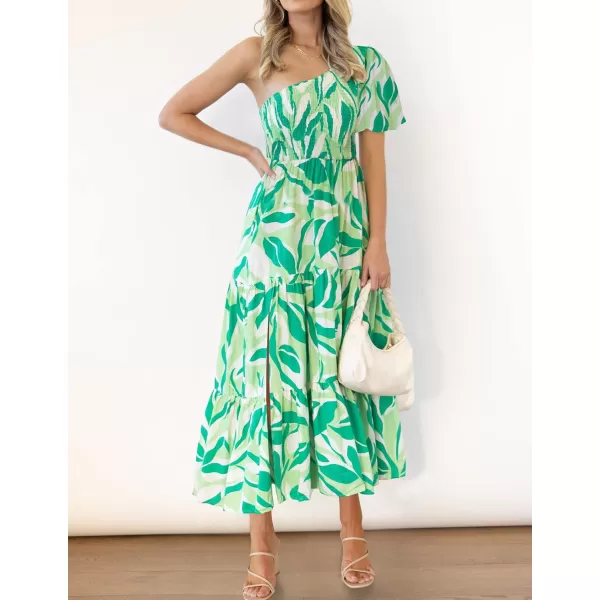 imageZESICA Womens 2024 Boho Summer One Shoulder Short Sleeve Smocked Side Split Ruffle Swing Midi DressBright Green