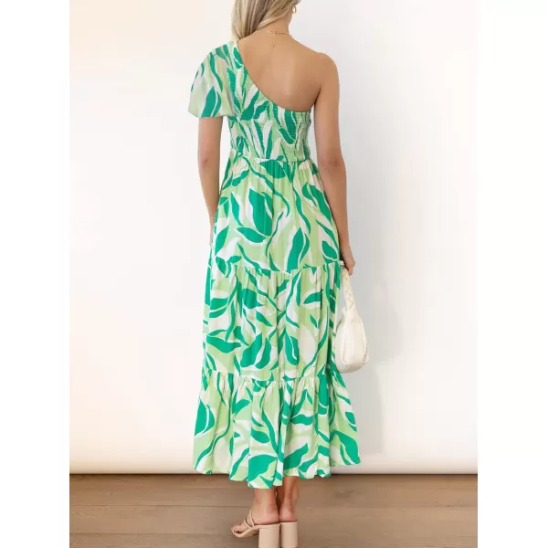 imageZESICA Womens 2024 Boho Summer One Shoulder Short Sleeve Smocked Side Split Ruffle Swing Midi DressBright Green