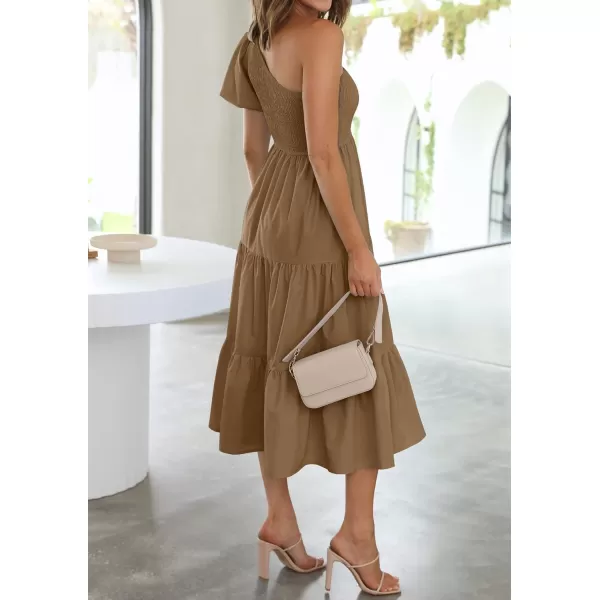 imageZESICA Womens 2024 Boho Summer One Shoulder Short Sleeve Smocked Side Split Ruffle Swing Midi DressBrown