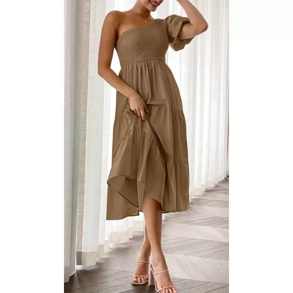 imageZESICA Womens 2024 Boho Summer One Shoulder Short Sleeve Smocked Side Split Ruffle Swing Midi DressBrown