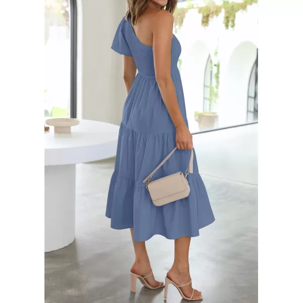 imageZESICA Womens 2024 Boho Summer One Shoulder Short Sleeve Smocked Side Split Ruffle Swing Midi DressDusty Blue