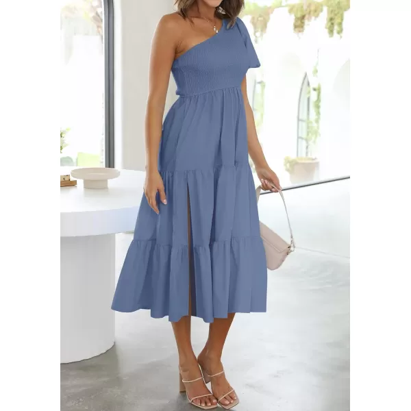 imageZESICA Womens 2024 Boho Summer One Shoulder Short Sleeve Smocked Side Split Ruffle Swing Midi DressDusty Blue