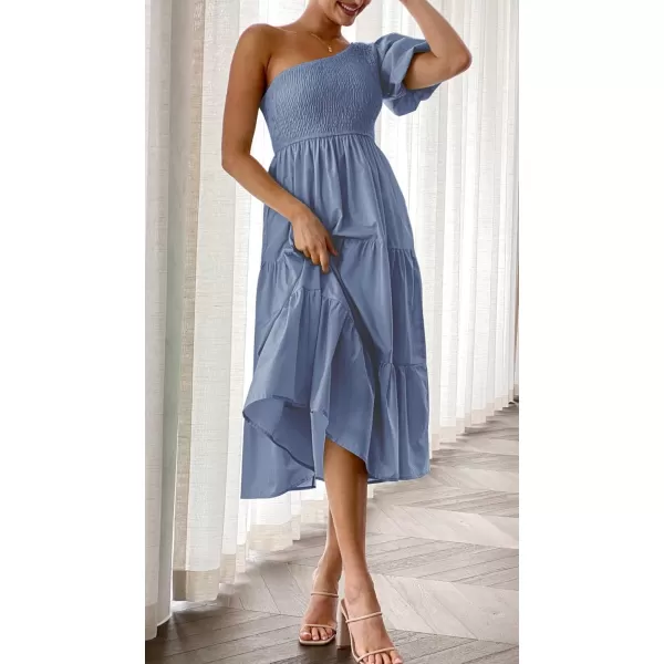 imageZESICA Womens 2024 Boho Summer One Shoulder Short Sleeve Smocked Side Split Ruffle Swing Midi DressDusty Blue