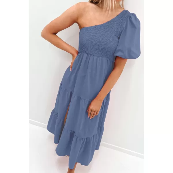 imageZESICA Womens 2024 Boho Summer One Shoulder Short Sleeve Smocked Side Split Ruffle Swing Midi DressDusty Blue