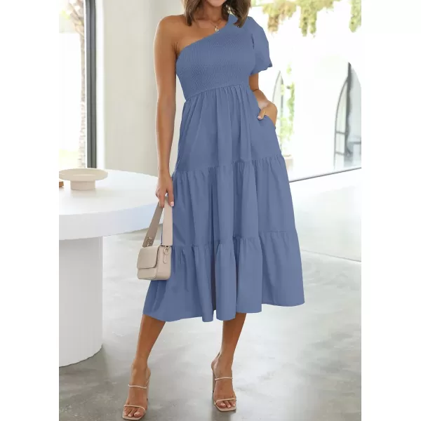 imageZESICA Womens 2024 Boho Summer One Shoulder Short Sleeve Smocked Side Split Ruffle Swing Midi DressDusty Blue