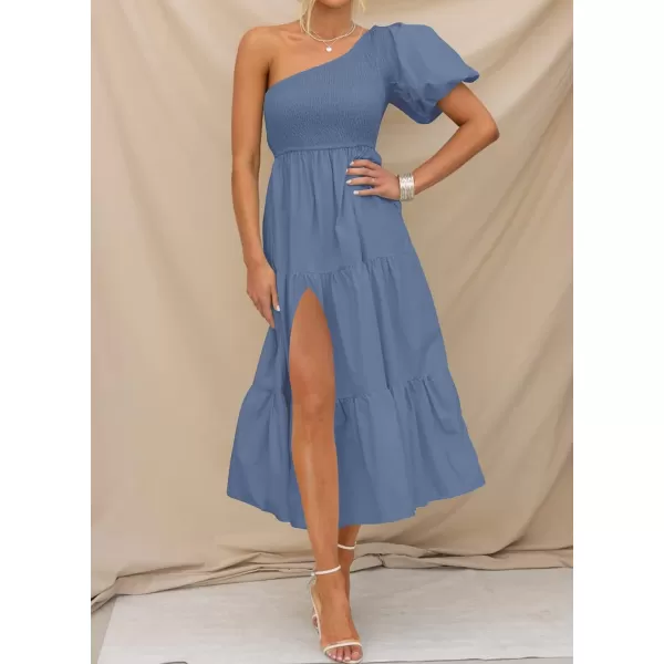imageZESICA Womens 2024 Boho Summer One Shoulder Short Sleeve Smocked Side Split Ruffle Swing Midi DressDusty Blue