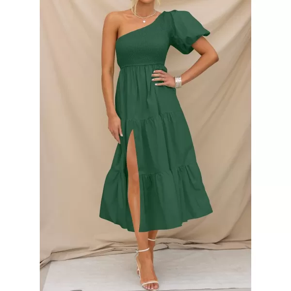 imageZESICA Womens 2024 Boho Summer One Shoulder Short Sleeve Smocked Side Split Ruffle Swing Midi DressForest Green